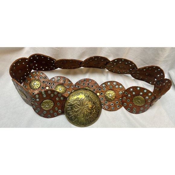 Handmade Accessories - VTG Authentic 60s Morocco Brass Leather Wide Disc Boho Hippie Concho Belt 40"